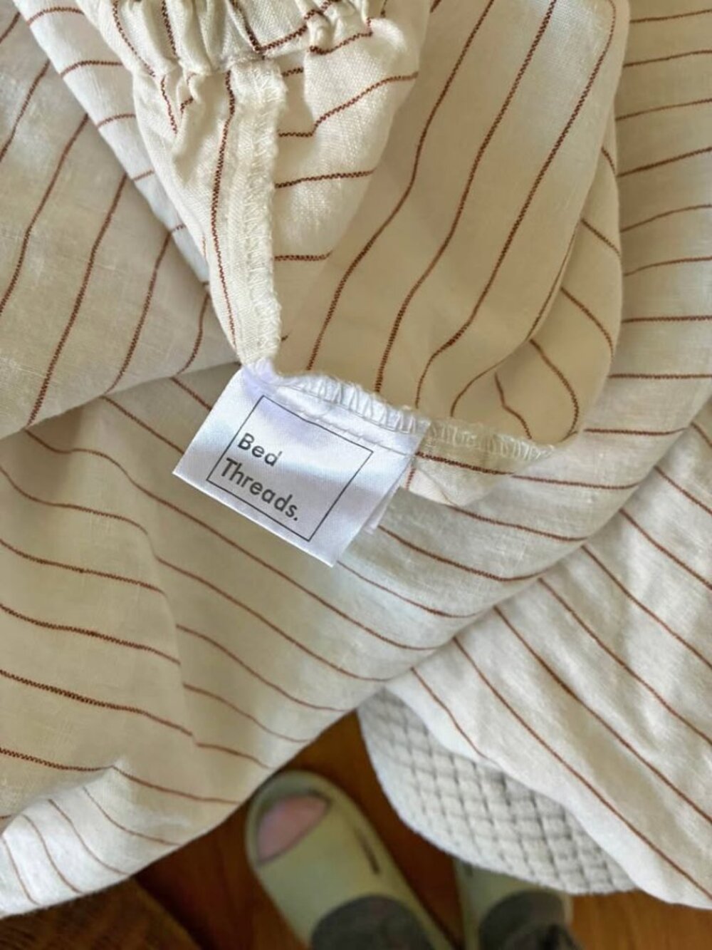 Bed Threads Rust Stripe QUEEN 100% French Flax Linen Fitted Sheet. FLAW
